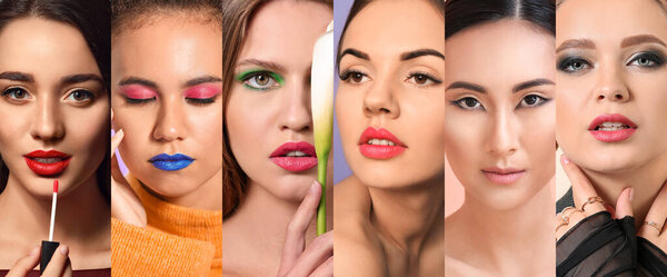 Different fashionable young women with bright makeup
