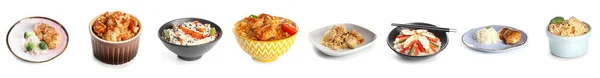 Collage Met Lekkere Gekookte Rijst Kip Groenten Witte Achtergrond — Stockfoto