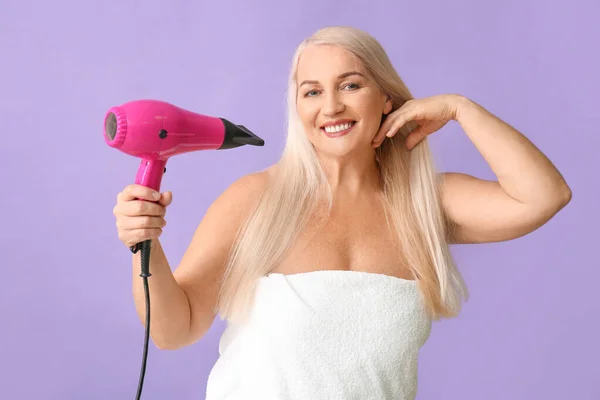 Beautiful Mature Woman Hair Dryer Color Background — Stock Photo, Image