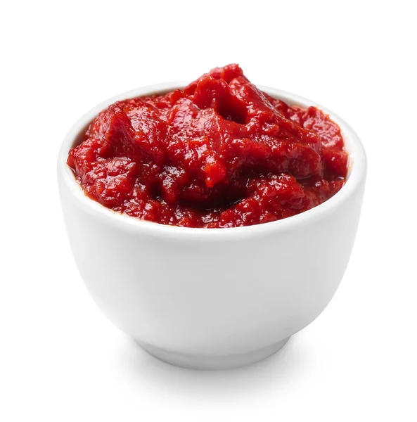 Skål Med Tomatsås Vit Bakgrund — Stockfoto