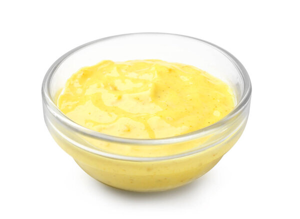 Bowl with tasty sauce on white background