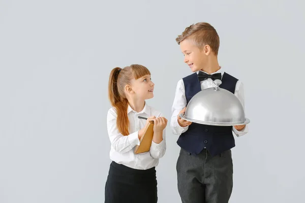 Cute Little Waiters Light Background — Stock Photo, Image