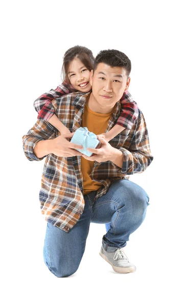 Little Asian Girl Greeting Her Father White Background — Stock Photo, Image