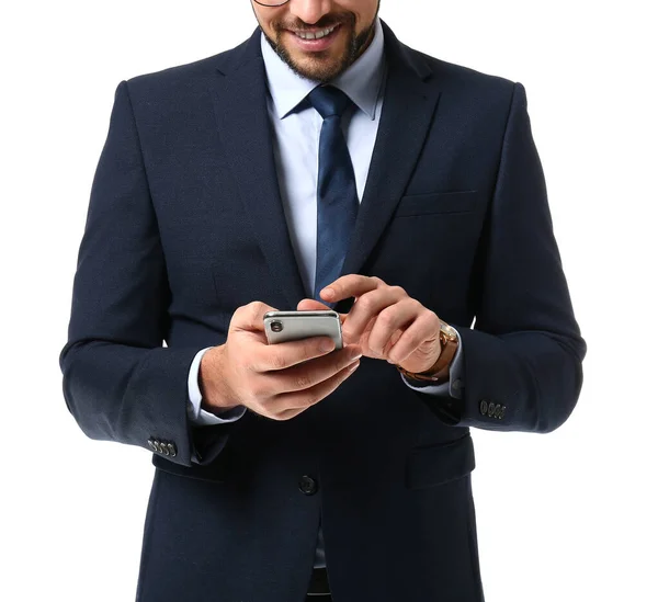 Handsome Businessman Mobile Phone White Background — Stock Photo, Image