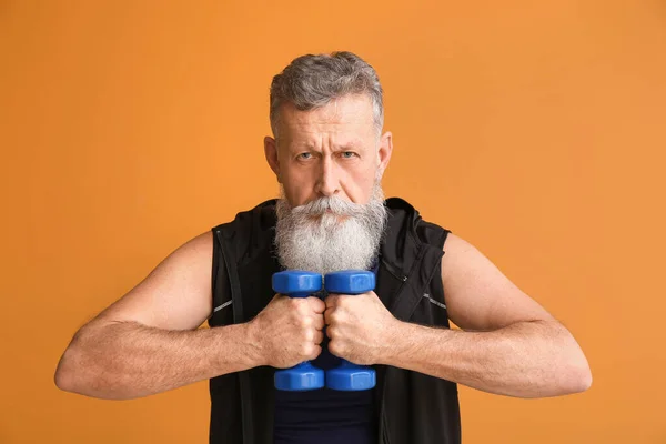 Sporty Elderly Man Dumbbells Color Background — Stock Photo, Image