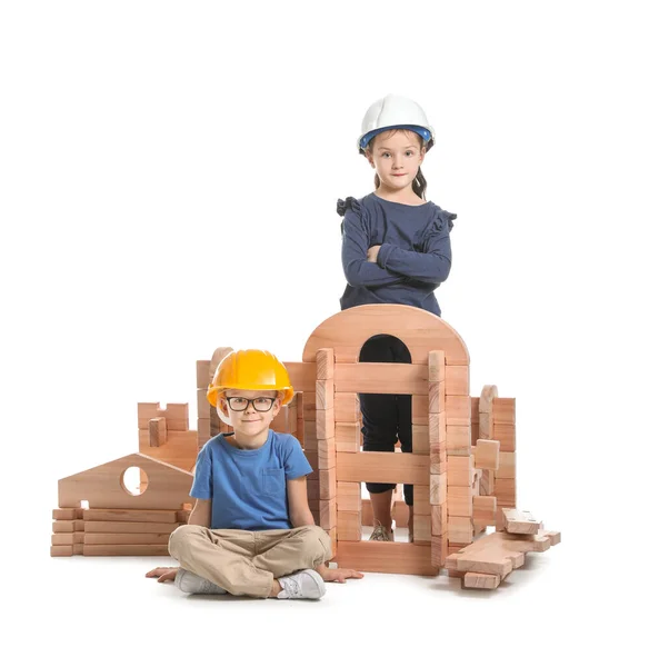 Little Children Dressed Builders Playing Take Apart House White Background — Stock Photo, Image