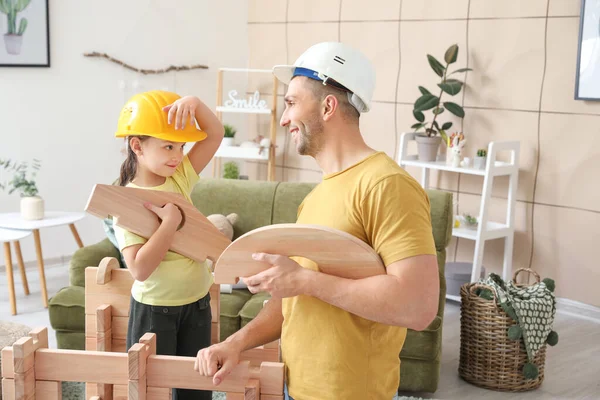 Father Little Daughter Dressed Builders Playing Take Apart House Home — Stock Photo, Image