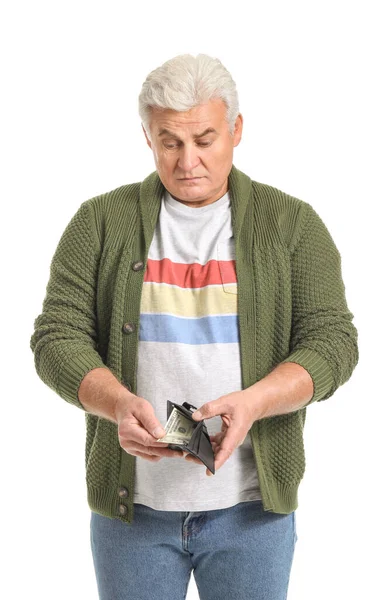 Triste Uomo Anziano Con Borsa Sfondo Bianco — Foto Stock