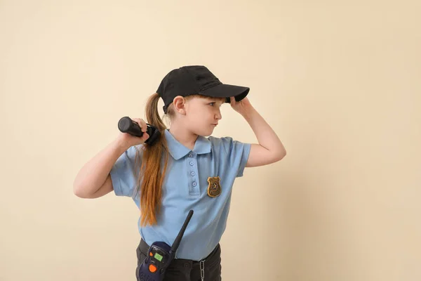 Cute Little Police Officer Color Background — Stock Photo, Image