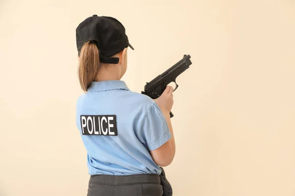 Carino Piccolo Agente Polizia Sfondo Colore Vista Posteriore — Foto Stock