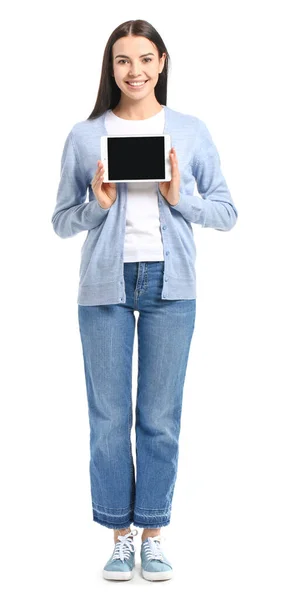 Bella Giovane Donna Con Tablet Computer Sfondo Bianco — Foto Stock