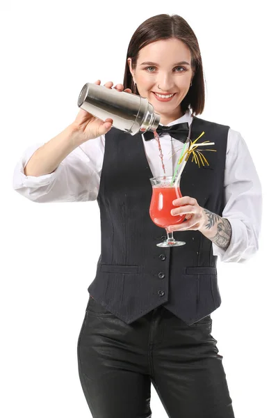 Belle Femme Barman Sur Fond Blanc — Photo