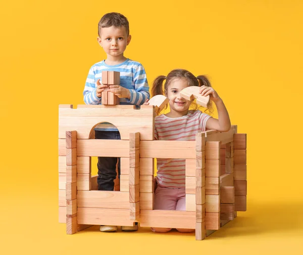 Little Children Playing Take Apart House Color Background — Stock Photo, Image