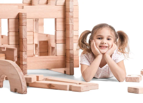 Little Girl Playing Take Apart House White Background — Stock Photo, Image