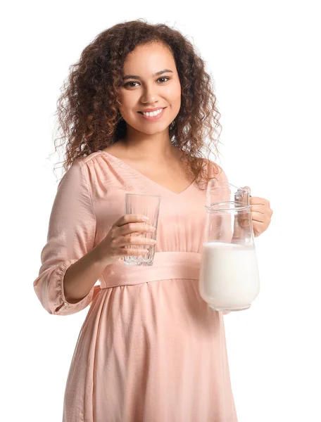 Ung Gravid Afroamerikansk Kvinna Med Mjölk Vit Bakgrund — Stockfoto