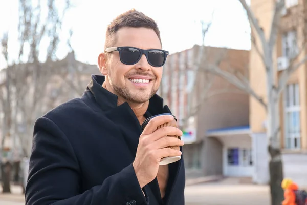 Handsome Man Cup Coffee Outdoors — Stock Photo, Image