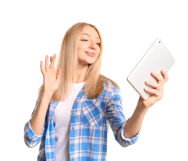 Bella Giovane Donna Con Tablet Computer Sfondo Bianco — Foto Stock