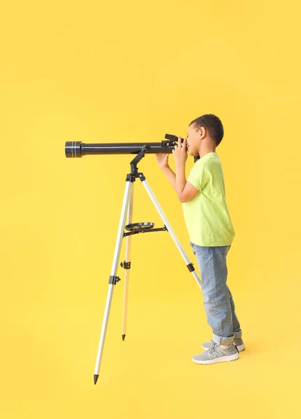 Little African American Boy Telescope Color Background — Stock Photo, Image