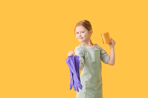 Little Girl Sponge Rubber Gloves Color Background — Stock Photo, Image