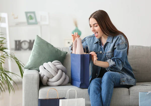 Happy Young Woman Shopping Bags Home — Stock Photo, Image