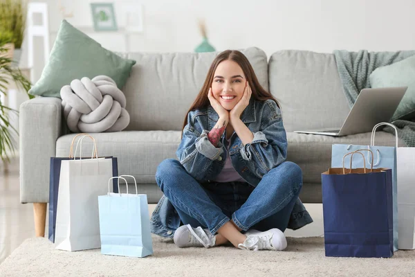 Young Woman Shopping Bags Home — Stock Photo, Image