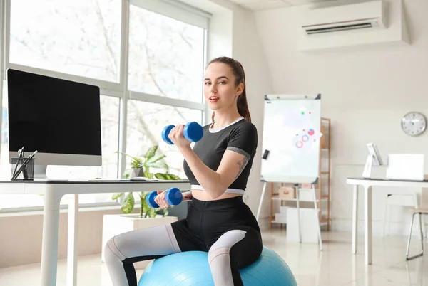 Young Woman Doing Exercises Fitness Ball Office — Stock Photo, Image