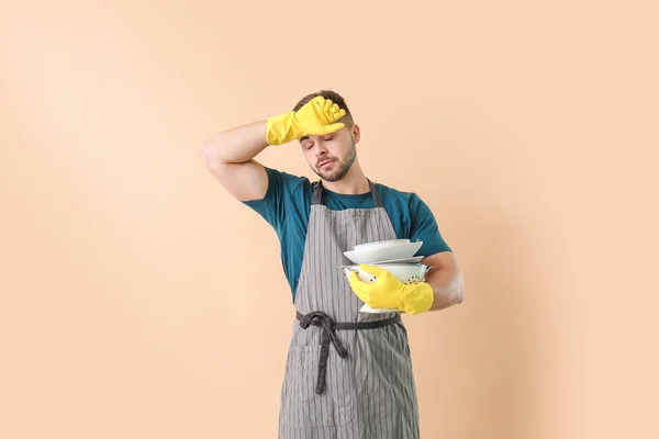 Tired Man Dirty Dishes Color Background — Stock Photo, Image