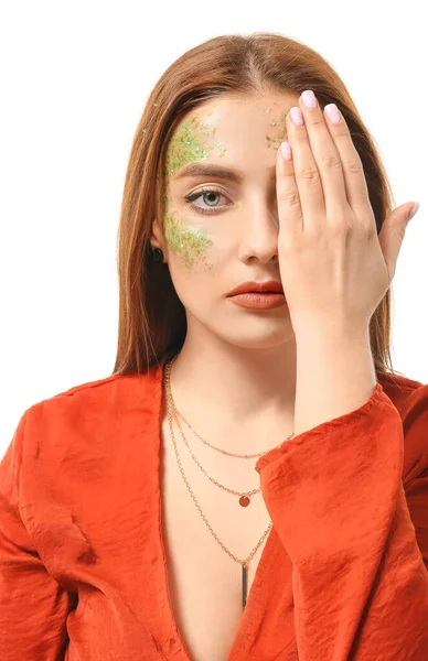 Fashionable Young Woman Glitters Her Body White Background — Stock Photo, Image