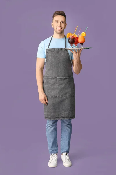 Handsome Male Waiter Color Background — Stock Photo, Image