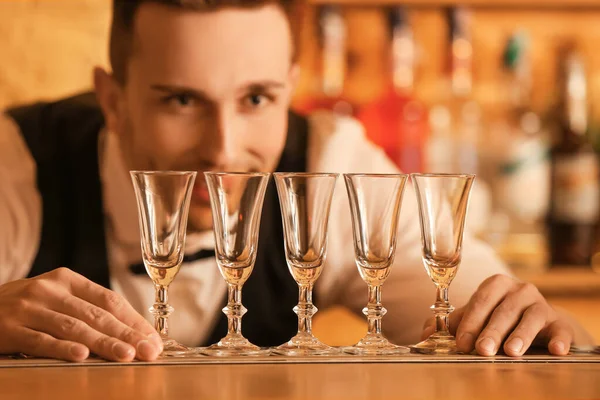 Handsome Male Bartender Shots Pub — Stock Photo, Image