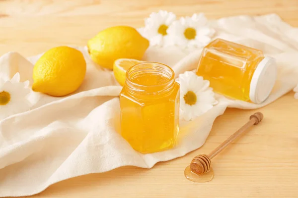 Jars Sweet Honey Lemons Table — Stock Photo, Image