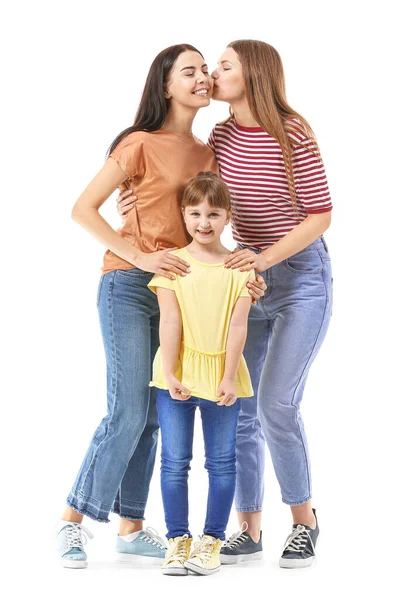 Feliz Lésbicas Casal Com Pouco Adotado Menina Branco Fundo — Fotografia de Stock