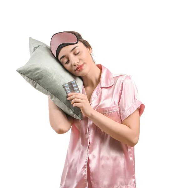 Sleeping Woman Pills Pillow White Background — Stock Photo, Image