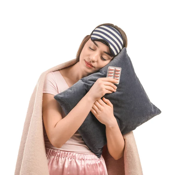 Schlafende Frau Mit Pillen Und Kissen Auf Weißem Hintergrund — Stockfoto