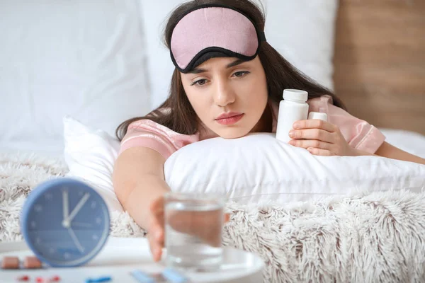 Tired Woman Pills Insomnia Glass Water Bedroom — Stock Photo, Image