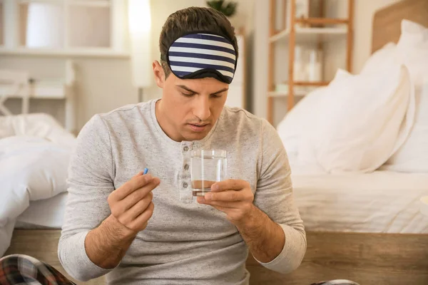 Young Man Taking Pills Insomnia Bedroom — Stock Photo, Image