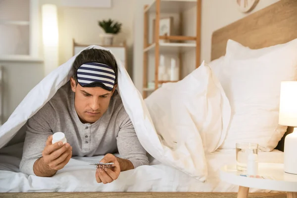 Young Man Pills Insomnia Bedroom — Stock Photo, Image