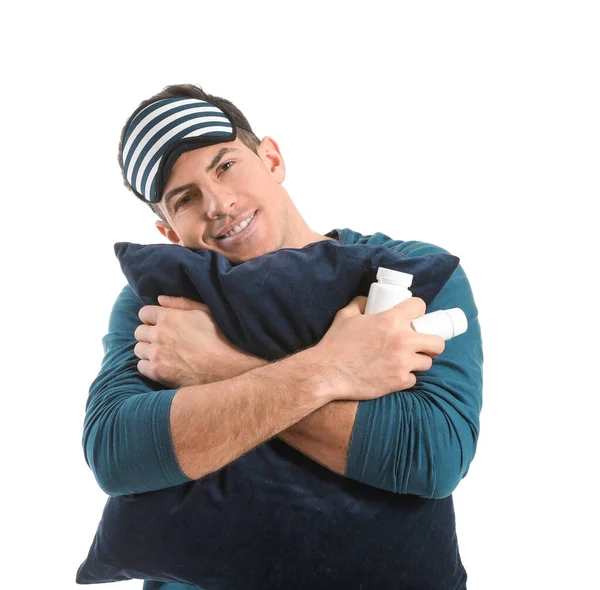 Young Man Sleeping Pills Pillow White Background — Stock Photo, Image