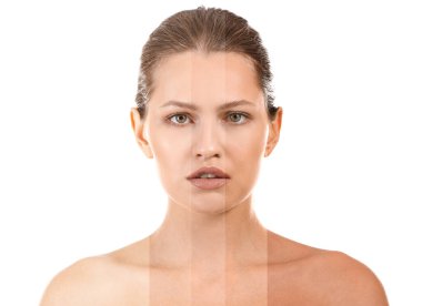 Beyaz arka planda farklı ten renkleri olan güzel genç bir kadın.