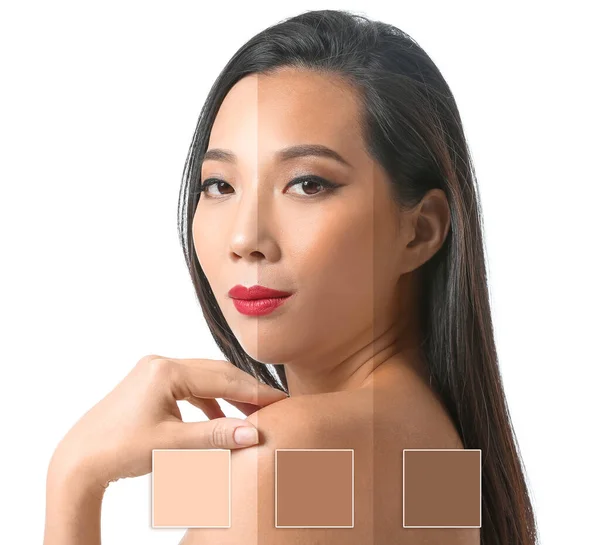 Ung Asiatisk Kvinna Med Olika Nyanser Hud Vit Bakgrund — Stockfoto