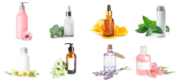 Różne Produkty Kosmetyczne Butelkach Białym Tle — Zdjęcie stockowe