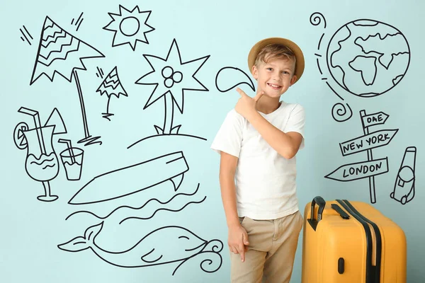 Cute Little Boy Suitcase Many Drawings Color Background Travel Concept — Stock Photo, Image