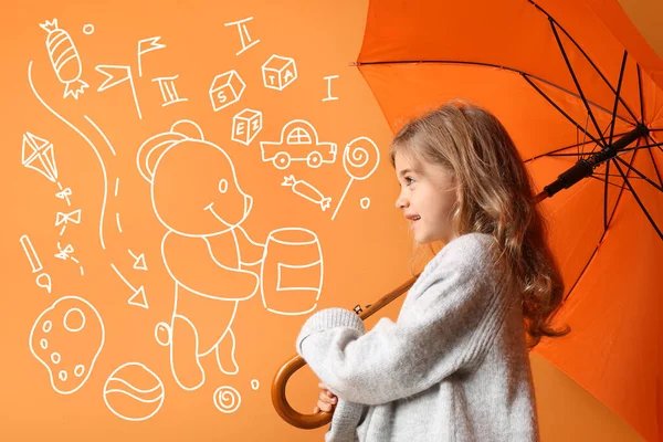Cute Little Girl Umbrella Many Drawings Color Background — Stock Photo, Image