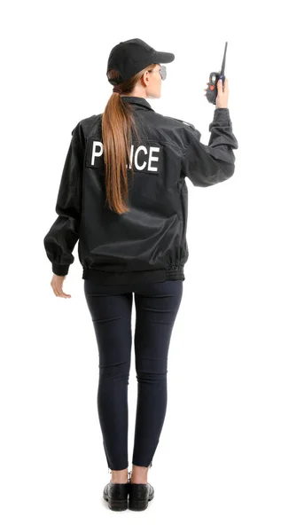 Policistka Bílém Pozadí Pohled Zezadu — Stock fotografie