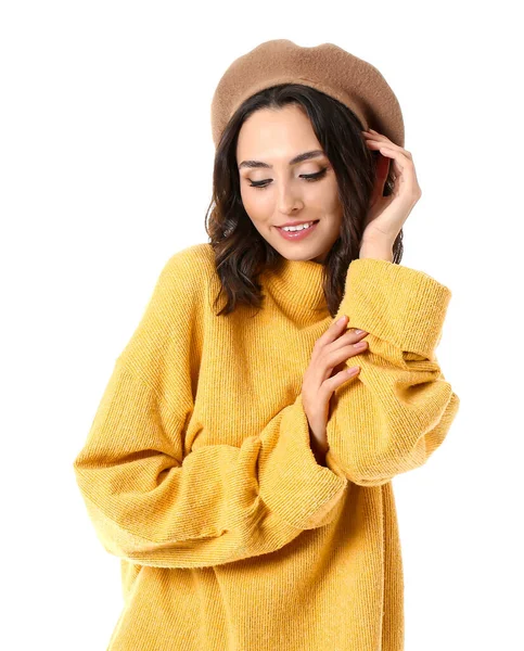 Beautiful Young Woman Warm Sweater White Background — Stock Photo, Image