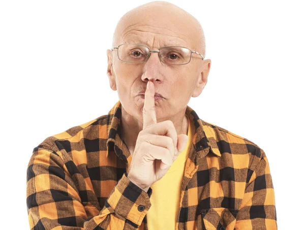 Portrait Elderly Man Showing Silence Gesture White Background — Stock Photo, Image