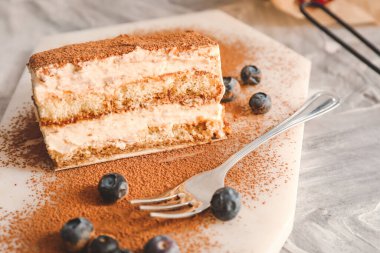 Lezzetli tiramisu gemide, yakın plan.