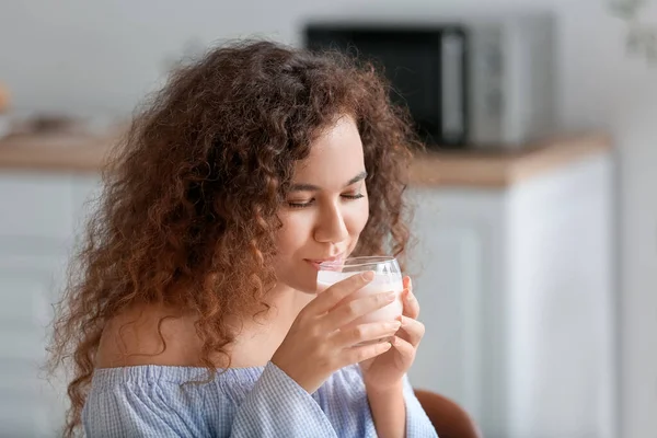Young Woman Drinking Tasty Yogurt Kitchen — Stock Photo, Image
