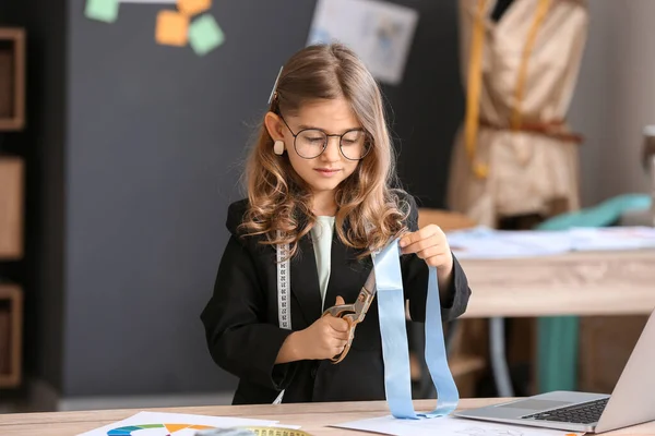 Cute Little Dressmaker Working Atelier — Stock Photo, Image