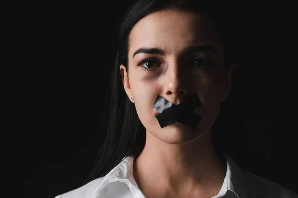 Scared Female Victim Taped Mouth Dark Background Concept Violence — Stock Photo, Image